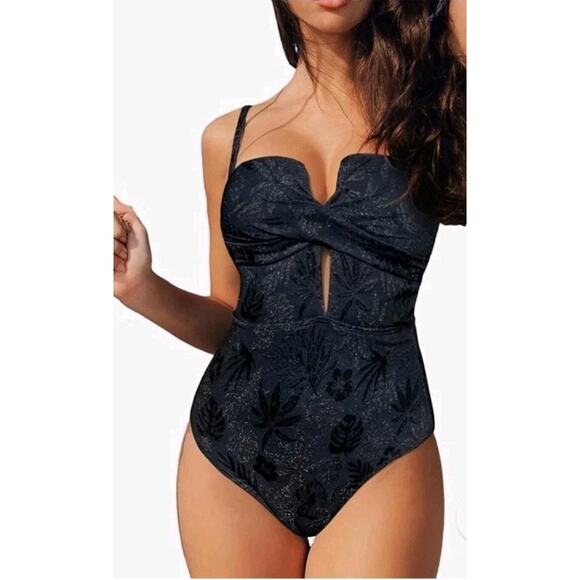 NWT Cupshe Navy Shimmer Palm Trees One Piece Bathing Suit Sz XS - Picture 1 of 7